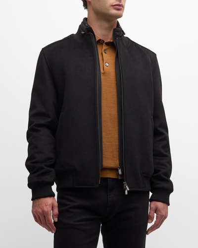 Shop Corneliani Men's Bomber Jacket With Adjustable Collar In Blk Sld