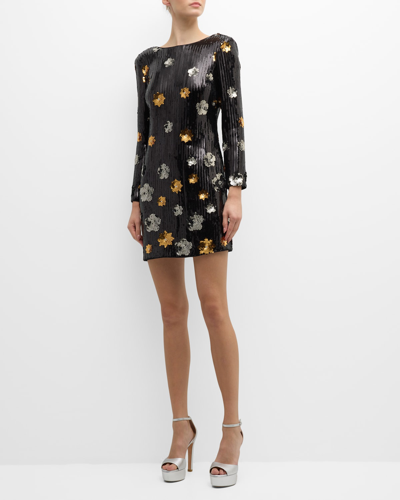 Shop Milly Selene Bateau-neck Floral Sequin Mini Dress In Black Multi