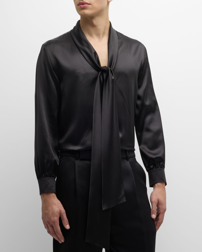 Shop Saint Laurent Men's Silk Shirt With Bow In Nero