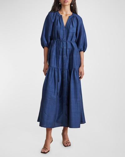 Shop Apiece Apart Mitte Tiered Blouson-sleeve Maxi Dress In Navy