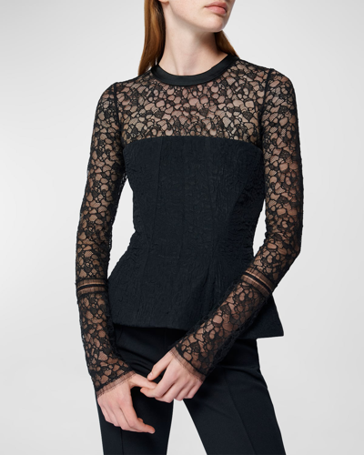 Shop Simkhai Prima Long-sleeve Bustier Lace Peplum Top In Black