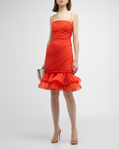 Shop Ungaro Toni Pleated Ruffle-hem Midi Dress In Orange