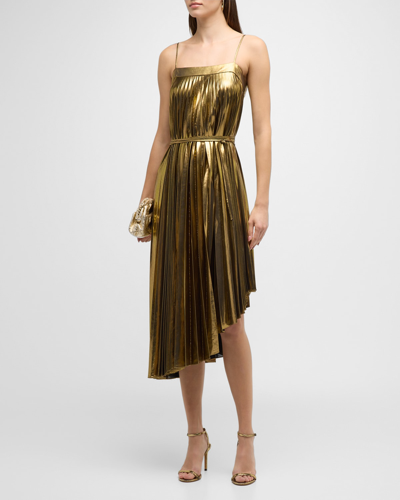 Shop Milly Irene Pleated Metallic High-low Midi Dress In Gold