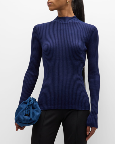 Shop Atm Anthony Thomas Melillo Silk Cotton-blend Long-sleeve Mock-neck Sweater In Navy