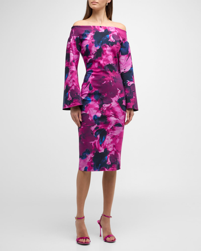 Shop Chiara Boni La Petite Robe Off-shoulder Floral-print Bodycon Midi Dress In Winter Roses Fuxi
