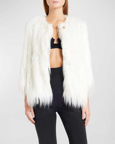 Shop Alabama Muse Ross Gold Embellished Faux Fur Jacket In Off White