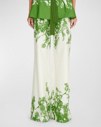 Shop Silvia Tcherassi Como High-rise Printed Seersucker Wide-leg Pants In Green Cyprus