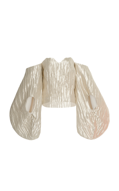 Shop Rosie Assoulin Fig Draped Off-the-shoulder Silk-blend Top In Metallic