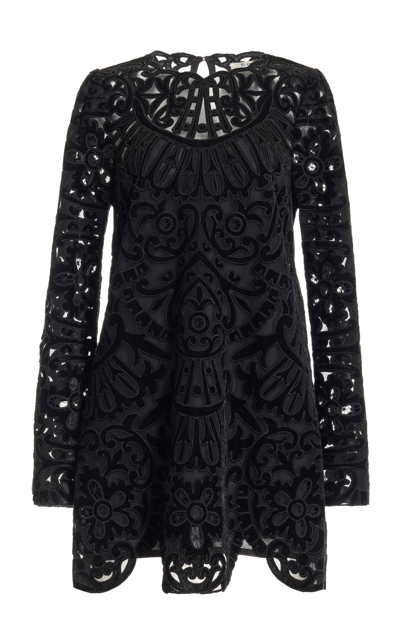 Shop Sea Dana Embroidered Velvet Eyelet Mini Dress In Black