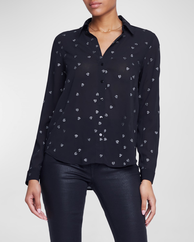 Shop L Agence Laurent Heart-printed Button-front Shirt In Black/gunmetl Sct