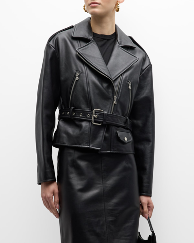 Shop Nili Lotan Aurelie Waisted Leather Biker Jacket In Black