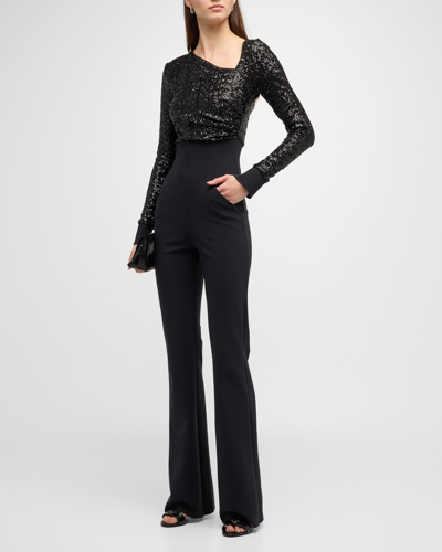 Shop Chiara Boni La Petite Robe Asymmetric Straight-leg Sequin Jumpsuit In Black