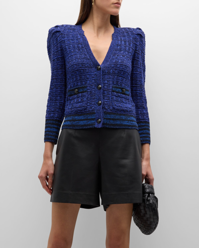 Shop L Agence Jenni Tweed Waffle Stitch Cardigan In Blueblack Multi