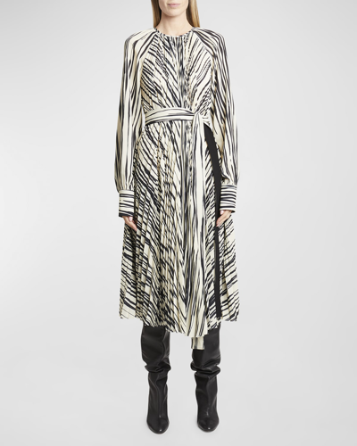 Shop Proenza Schouler Carol Stripe Pleated Belted Midi Dress In Ecru Multi