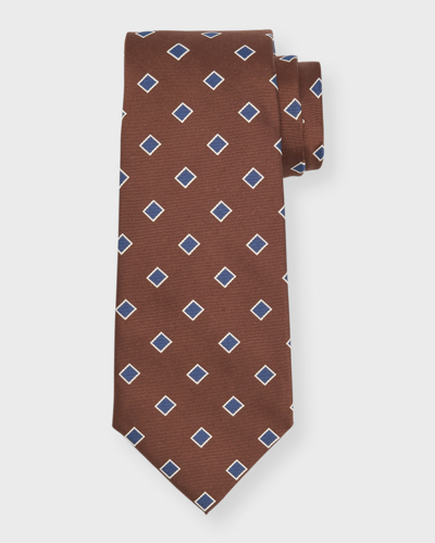 Shop Isaia Men's Square-print Silk 7-fold Tie In Brown