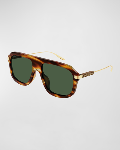 Shop Gucci Men's Gg Acetate Aviator Sunglasses In 007 Havana