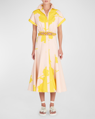 Shop Silvia Tcherassi Noor Belted Short-sleeve Midi Shirtdress In Yellow-nude Flora