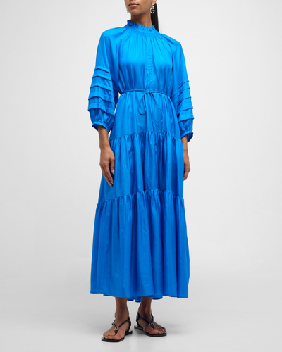 Shop Apiece Apart Trinidad Tiered Blouson-sleeve Maxi Dress In Ceru Blue