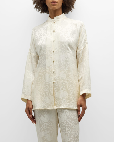 Shop Josie Natori Ines Mandarin-collar Floral Jacquard Pajama Set In Warm White