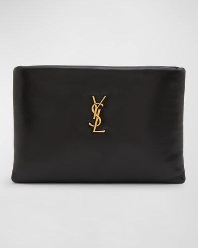 Shop Saint Laurent Calypso Small Ysl Clutch Bag In Smooth Padded Leather In Noir