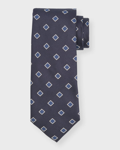 Shop Isaia Men's Square-print Silk 7-fold Tie In Medium Blue