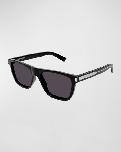 Shop Saint Laurent Men's Sl 619 Acetate Rectangle Sunglasses In Shiny Solid Black