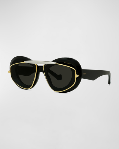 Shop Loewe Men's Wing Double-frame Geometric Sunglasses In Sblk/smk
