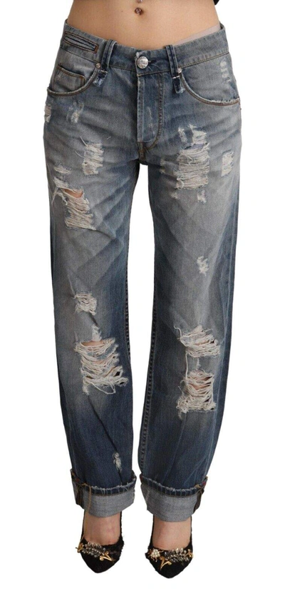 Shop Acht Blue Tattered Mid Waist Straight Denim Cotton Jeans
