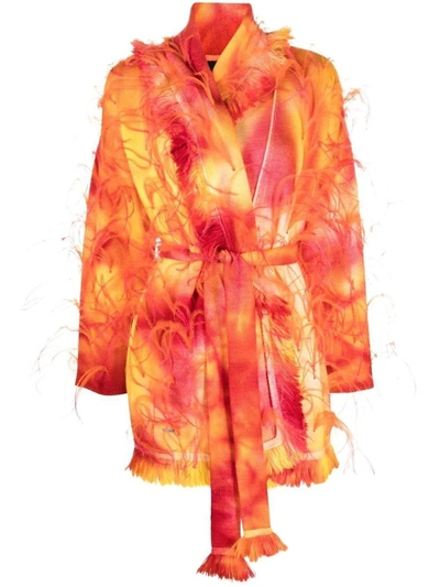 Shop Alanui Sunset Feather-trim Cardigan In Orange