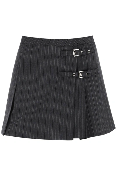 Shop Alessandra Rich Pinstriped Mini Skirt With Buckles In Grey