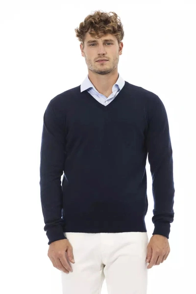 Shop Alpha Studio Blue Wool Sweater