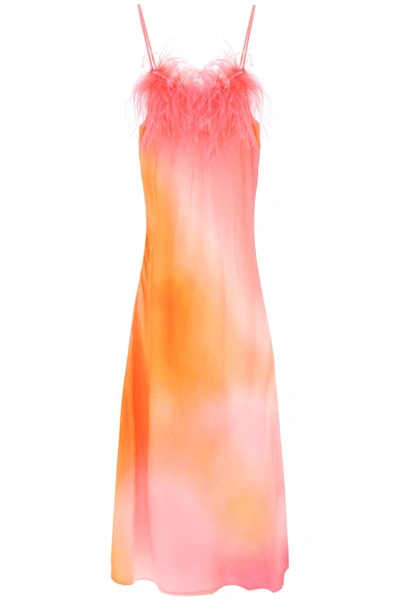 Shop Art Dealer 'ella' Maxi Slip Dress In Jacquard Satin With Feathers In Mixed Colours