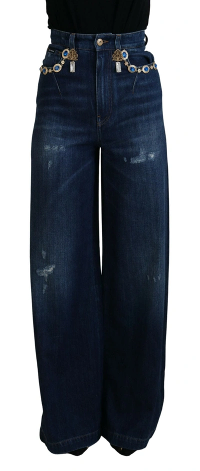 Shop Dolce & Gabbana Blue Embellished Straight Denim Cotton Jeans
