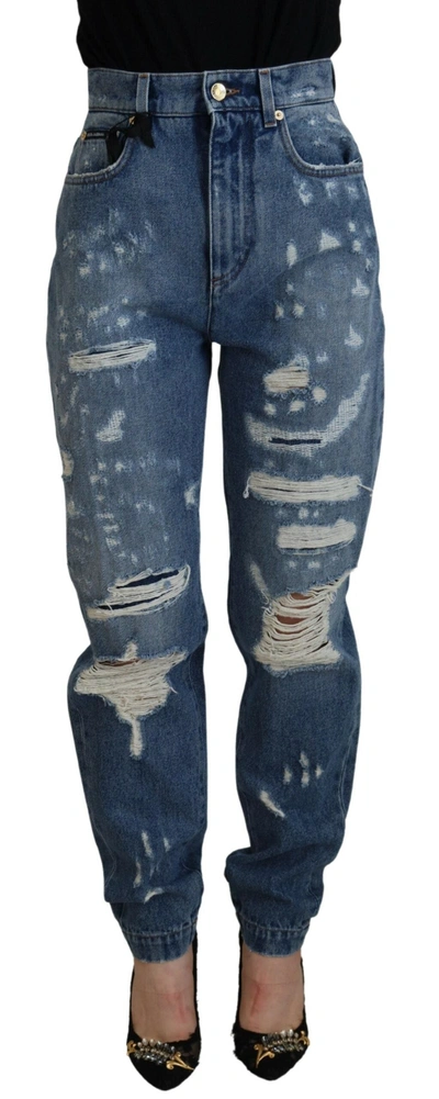 Shop Dolce & Gabbana Blue Tattered Skinny Denim Cotton Jeans