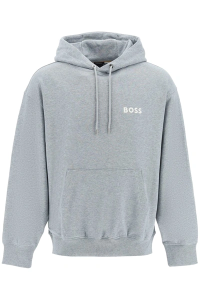 Shop Hugo Boss Rubberized Logo Detail Hoodie In Grey