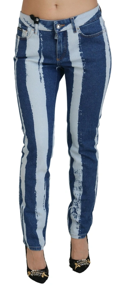 Shop Dolce & Gabbana Cobalt Blue Stripes Skinny Denim Cotton Jeans