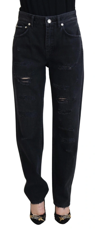 Shop Dolce & Gabbana Black Cotton Tattered High Waist Denim Jeans