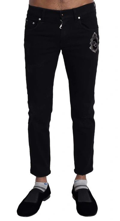 Shop Dolce & Gabbana Black Heraldic Embroidery Skinny Denim Jeans