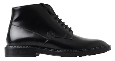 Dolce & Gabbana Black Leather Men Short Boots Lace Up Shoes In Black