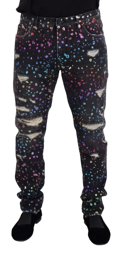 Dolce & Gabbana Black Multicolor Print Tattered Denim Jeans In Black