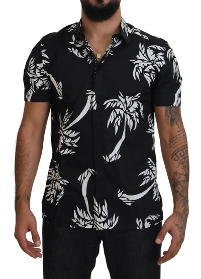 Shop Dolce & Gabbana Black Palm Tree Cotton Silk Short Sleeve Shirt
