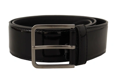 Shop Dolce & Gabbana Black Patent Leather Logo Engraved Buckle Belt