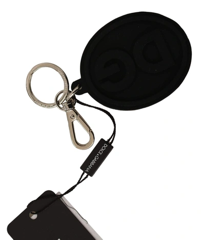 Dolce & Gabbana Black Rubber Dg Logo Silver Brass Metal Keychain In Black