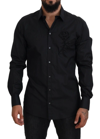 Shop Dolce & Gabbana Black Roses Slim Fit Cotton Shirt