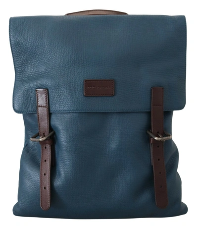 Shop Dolce & Gabbana Blue Calfskin Leather Logo Plaque Men Backpack Bag