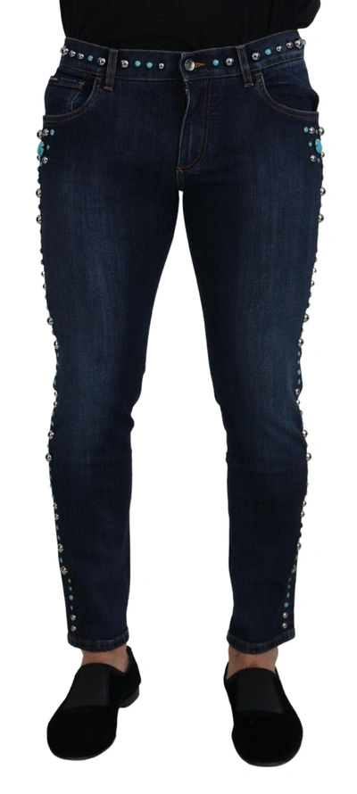 Shop Dolce & Gabbana Blue Cotton Studded Low Waist Denim Jeans