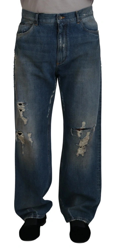Shop Dolce & Gabbana Blue Cotton Tattered Straight Fit Denim Jeans