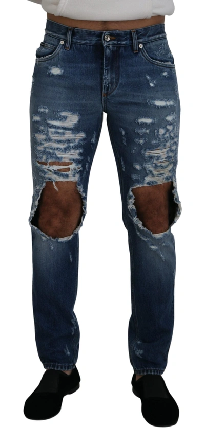 Shop Dolce & Gabbana Blue Cotton Tattered  Denim Jeans