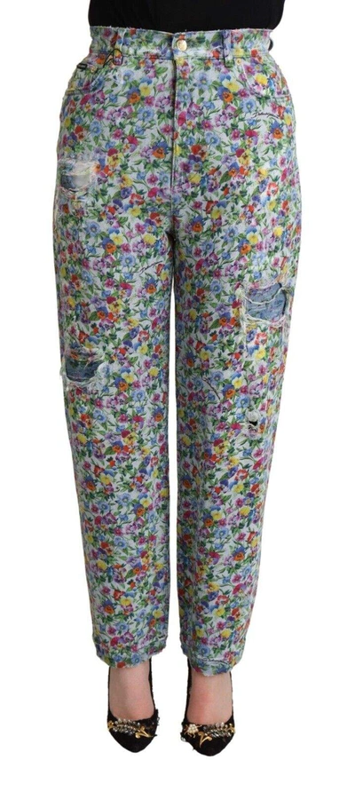 Dolce & Gabbana Blue Floral Print High Waist Denim Tapered Jeans In Blue