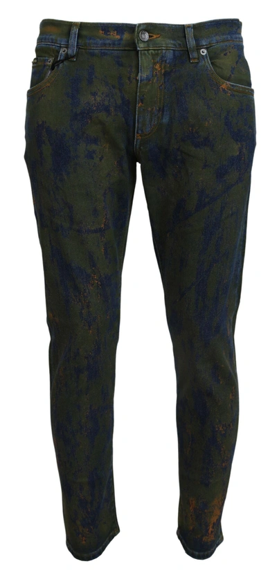 Shop Dolce & Gabbana Blue Green Skinny Cotton Denim Jeans